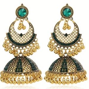 Elegant Gold and Green Jhumka Earrings